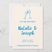 Moderne Blue Hand Drawn Bright Retro Foto Hochzeit Save The Date (Rückseite)