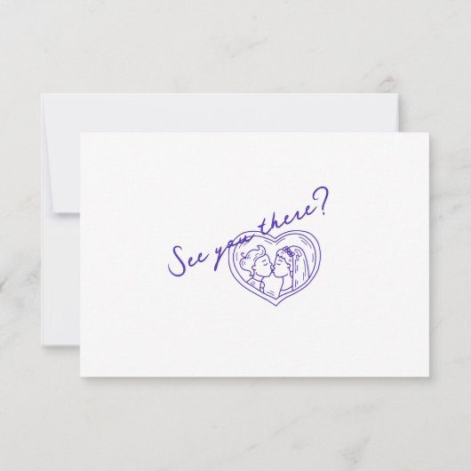 Moderne Blue Hand Drawn Retro Fun Funky Wedding RSVP Karte (Rückseite)