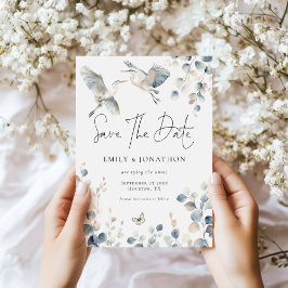 Moderne Blue Heron Pastel Blätter Wedding Save The Date