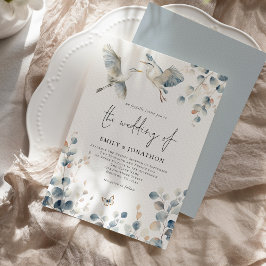 Moderne Blue Heron Pastel Foliage Hochzeit Einladung