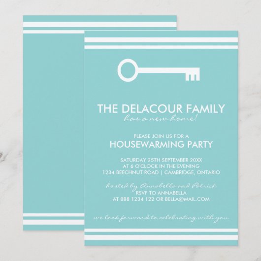 Moderne Blue Housewarming Party Einladung (Vorne/Hinten)