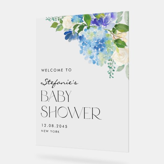 Moderne Blue Hydrangea Blume Babydusche Empfang Acrylschild (Winkel)