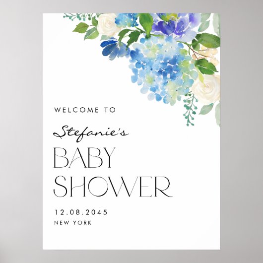 Moderne Blue Hydrangea Blume Babydusche Empfang Poster (Vorne)