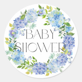 Moderne Blue Hydrangea Wreath Baby Dusche Runder Aufkleber