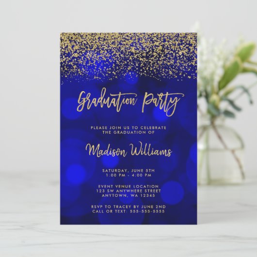 Moderne Blue Imitate Gold Glitzer Graduation Party Einladung (Stehend Vorderseite)