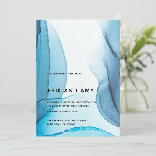 Moderne Blue Ink Art Abstrakt Hochzeitsfeiern Einl (Stehend Vorderseite)