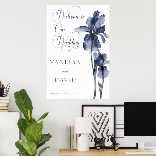 Moderne Blue Iris Blume zentriert Hochzeit Poster (Heimbüro)