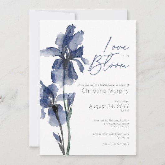 Moderne Blue Iris Liebe im Bloom Brautparty Einladung (Vorderseite)
