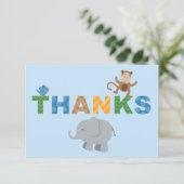 Moderne Blue Jungle Animals Boy Baby Dusche Dankeskarte (Stehend Vorderseite)