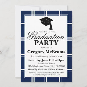 Moderne Blue Kariert Graduation Party Einladung