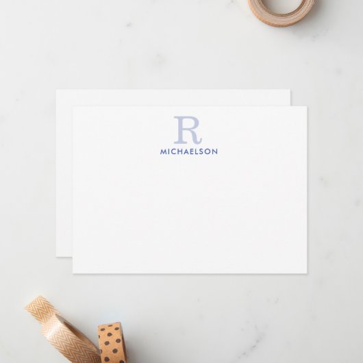 Moderne Blue Monogram Correspondent Flat Note Card Mitteilungskarte (Vorderseite/Rückseite Beispiel)