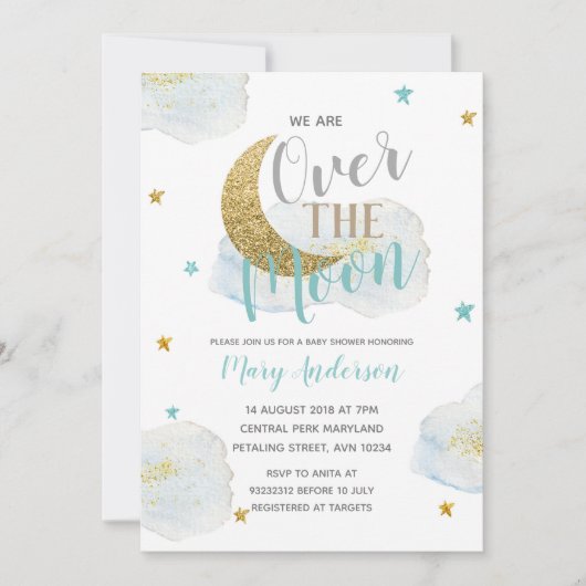 Moderne Blue Moon Baby Dusche Einladung (Vorderseite)