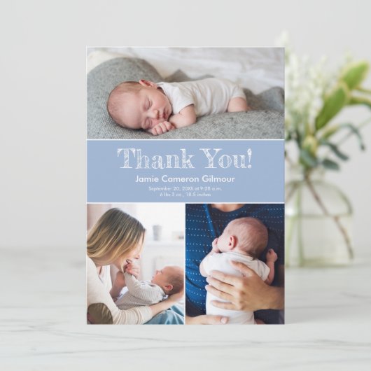 Moderne Blue Multiple Fotos Baby Boy Dusche Dankeskarte (Stehend Vorderseite)