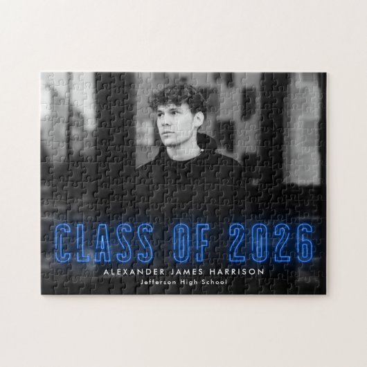 Moderne Blue Neon Class 2025 Abschluss Foto Puzzle (Horizontal)