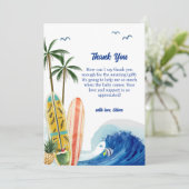 Moderne Blue Ocean Wave Surfboard Baby Dusche Dankeskarte (Stehend Vorderseite)