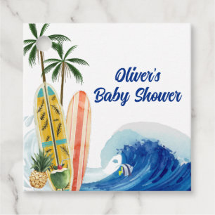 Moderne Blue Ocean Wave Surfboard Baby Dusche Geschenkanhänger