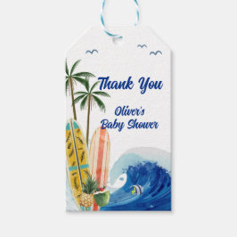 Moderne Blue Ocean Wave Surfboard Baby Dusche Geschenkanhänger