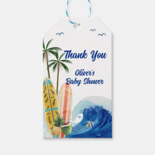 Moderne Blue Ocean Wave Surfboard Baby Dusche Geschenkanhänger