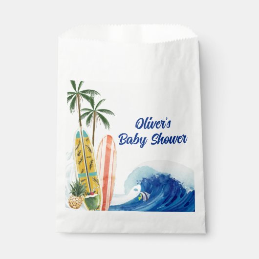 Moderne Blue Ocean Wave Surfboard Baby Dusche Geschenktütchen (Vorderseite)