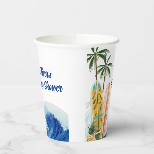 Moderne Blue Ocean Wave Surfboard Baby Dusche Pappbecher (Links)