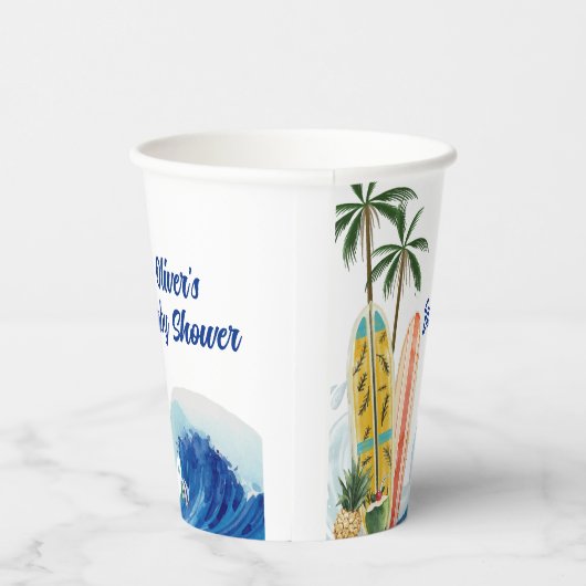 Moderne Blue Ocean Wave Surfboard Baby Dusche Pappbecher (Rechts)