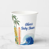 Moderne Blue Ocean Wave Surfboard Baby Dusche Pappbecher (Vorderseite)