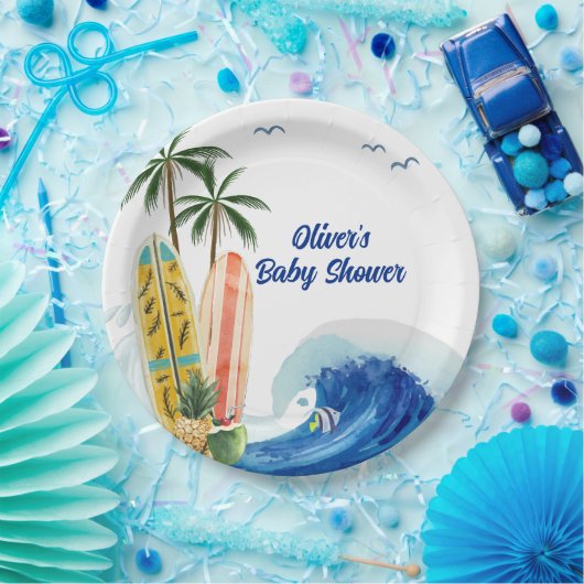 Moderne Blue Ocean Wave Surfboard Baby Dusche Pappteller (Party)