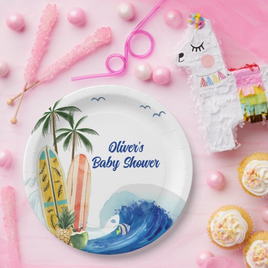 Moderne Blue Ocean Wave Surfboard Baby Dusche Pappteller (Party)