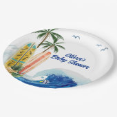 Moderne Blue Ocean Wave Surfboard Baby Dusche Pappteller (Schrägansicht)