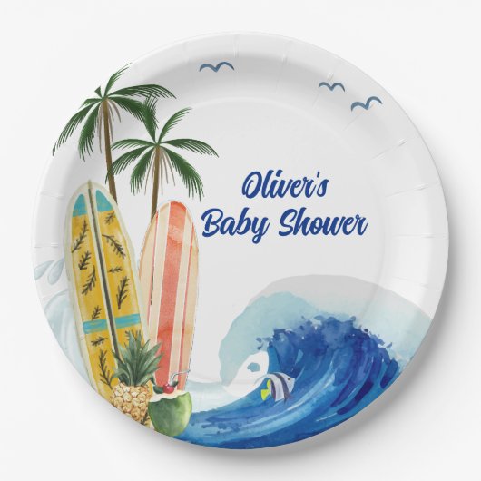 Moderne Blue Ocean Wave Surfboard Baby Dusche Pappteller (Vorderseite)