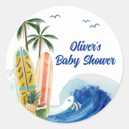 Moderne Blue Ocean Wave Surfboard Baby Dusche Runder Aufkleber
