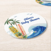 Moderne Blue Ocean Wave Surfboard Baby Dusche Runder Pappuntersetzer (Angewinkelt)