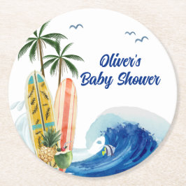 Moderne Blue Ocean Wave Surfboard Baby Dusche Runder Pappuntersetzer