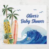 Moderne Blue Ocean Wave Surfboard Baby Dusche Schaumweinetikett (Einzelnes Label)