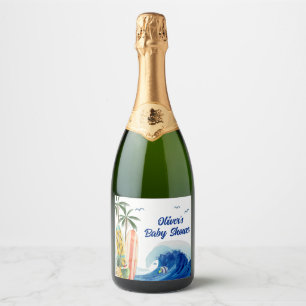 Moderne Blue Ocean Wave Surfboard Baby Dusche Schaumweinetikett