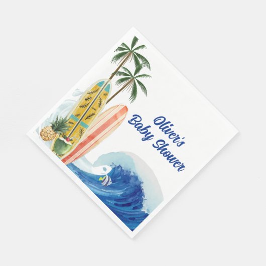 Moderne Blue Ocean Wave Surfboard Baby Dusche Serviette (Ecke)