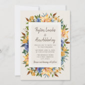 Moderne Blue Orange Tan Floral Wedding Einladung (Vorderseite)