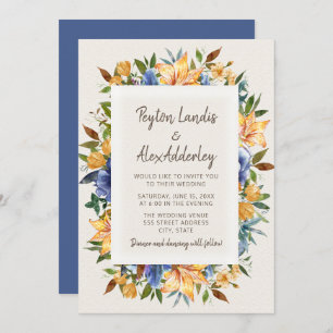Moderne Blue Orange Tan Floral Wedding Einladung