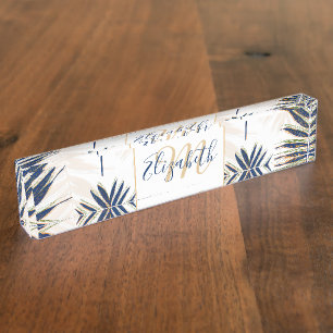 Moderne Blue Palm Blätter Gold Schlaglöcher Wei Namensplakette