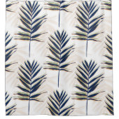 Moderne Blue Palm Blätter Gold Schlaglöcher Weißes Duschvorhang (Vorderseite)
