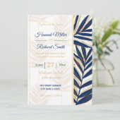 Moderne Blue Palm Blätter Gold Schlaglöcher Weißes Einladung (Stehend Vorderseite)