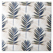Moderne Blue Palm Blätter Gold Schlaglöcher Weißes Fliese (Vorderseite)