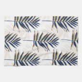 Moderne Blue Palm Blätter Gold Schlaglöcher Weißes Geschirrtuch (Horizontal)