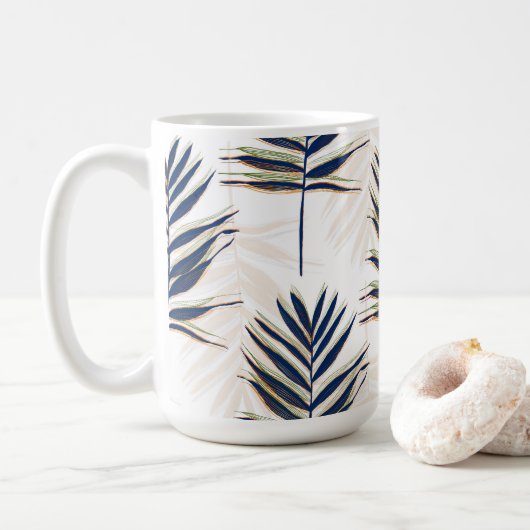 Moderne Blue Palm Blätter Gold Schlaglöcher Weißes Kaffeetasse (Mit Donut)