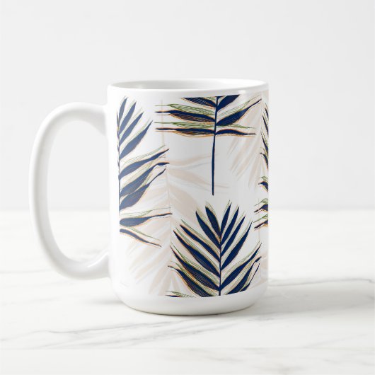 Moderne Blue Palm Blätter Gold Schlaglöcher Weißes Kaffeetasse (Links)
