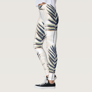 Moderne Blue Palm Blätter Gold Schlaglöcher Weißes Leggings