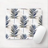 Moderne Blue Palm Blätter Gold Schlaglöcher Weißes Mousepad (Mit Mouse)