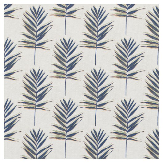 Moderne Blue Palm Blätter Gold Schlaglöcher Weißes Stoff (Nahaufnahme)