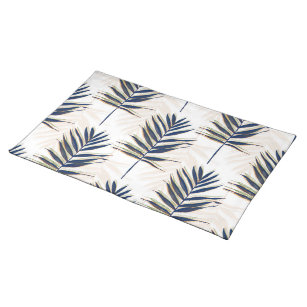 Moderne Blue Palm Blätter Gold Schlaglöcher Weißes Stofftischset