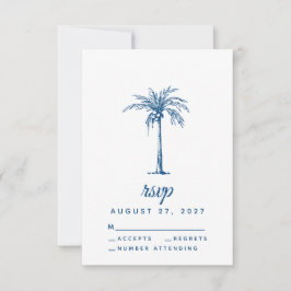 Moderne Blue Palm Tropical Beach Hochzeit RSVP Karte